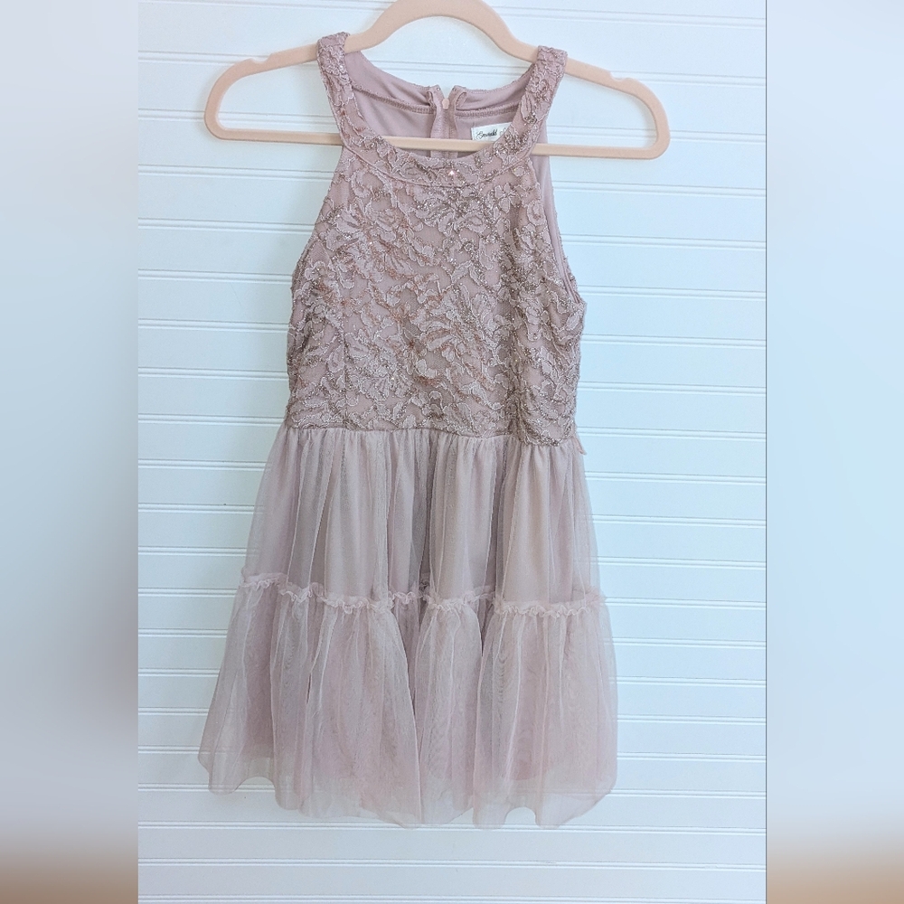 Emerald Sundae Kids Halter Dress in Blush Lace And Crinoline Skirt 12